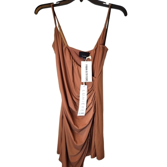 NWT Lumiere Urban Outfitters XS Silky Cocoa Ruched Dress - Picture 2 of 15